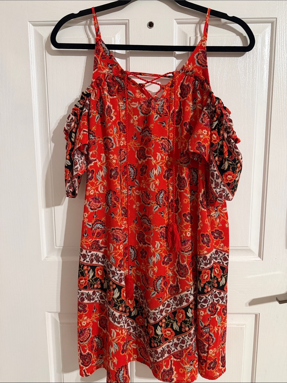 Xhilaration Red Floral Cold-Shoulder Sundress with Tassel Tie